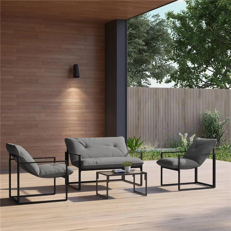 SET DA GIARDINO 4 PEZZI CON DIVANETTO, 2 POLTRONE E TAVOLINO, IN ACCIAIO, POLIESTERE E COTONE PP, NERO E GRIGIO - Image 2