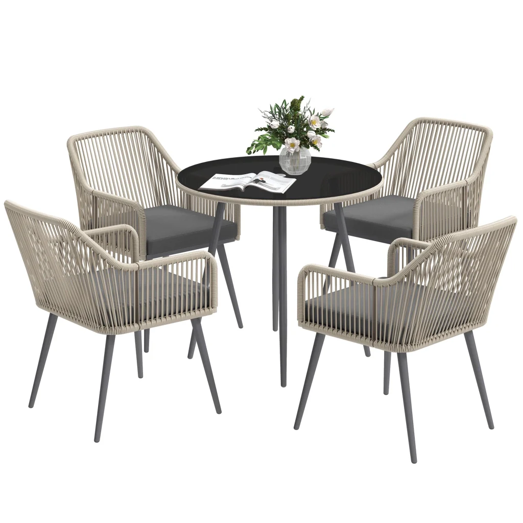 Set da Giardino 5 Pezzi con 4 Sedie e Tavolo Rotondo con Foro in Rattan e Acciaio Marrone e Grigio