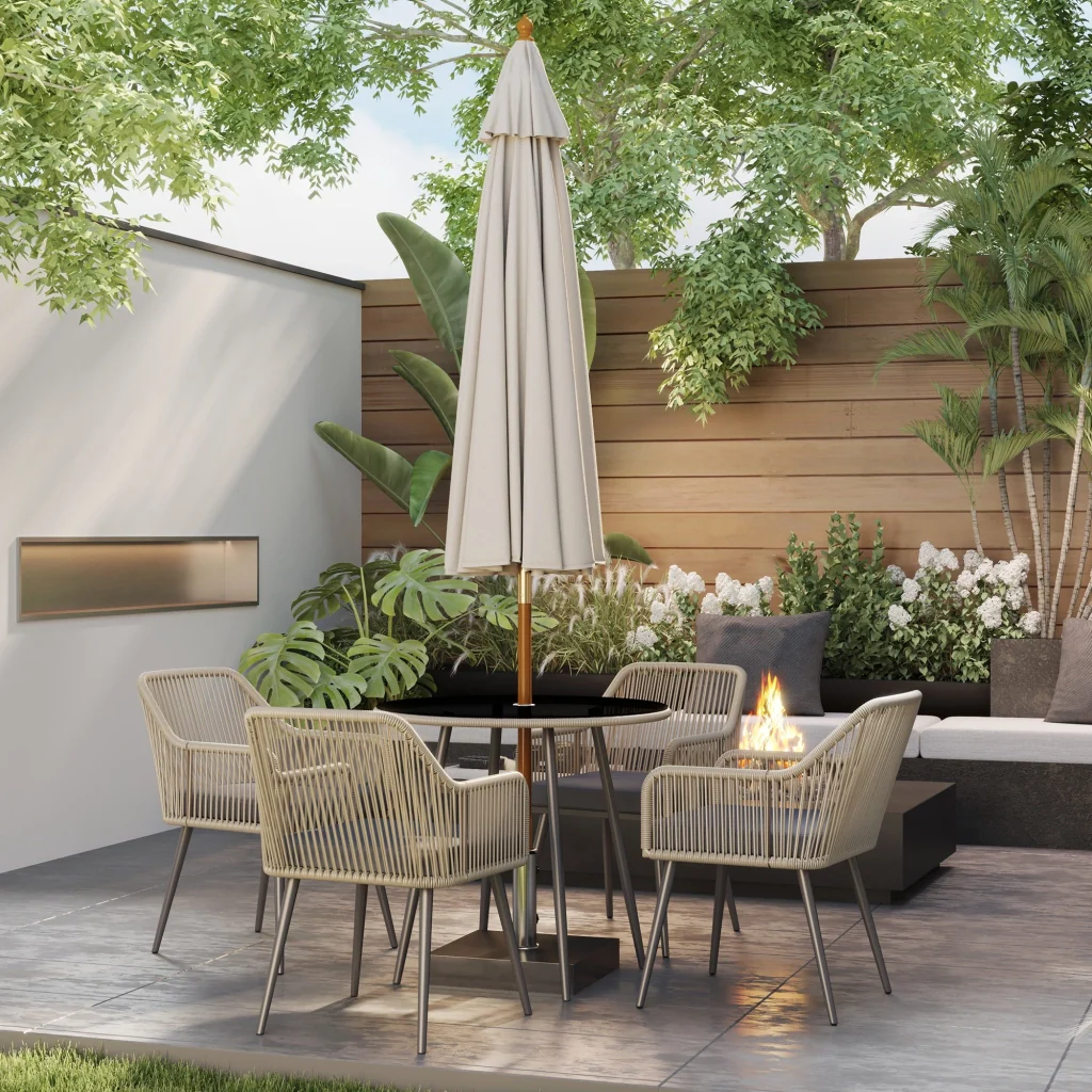 Set da Giardino 5 Pezzi con 4 Sedie e Tavolo Rotondo con Foro in Rattan e Acciaio Marrone e Grigio - Image 2