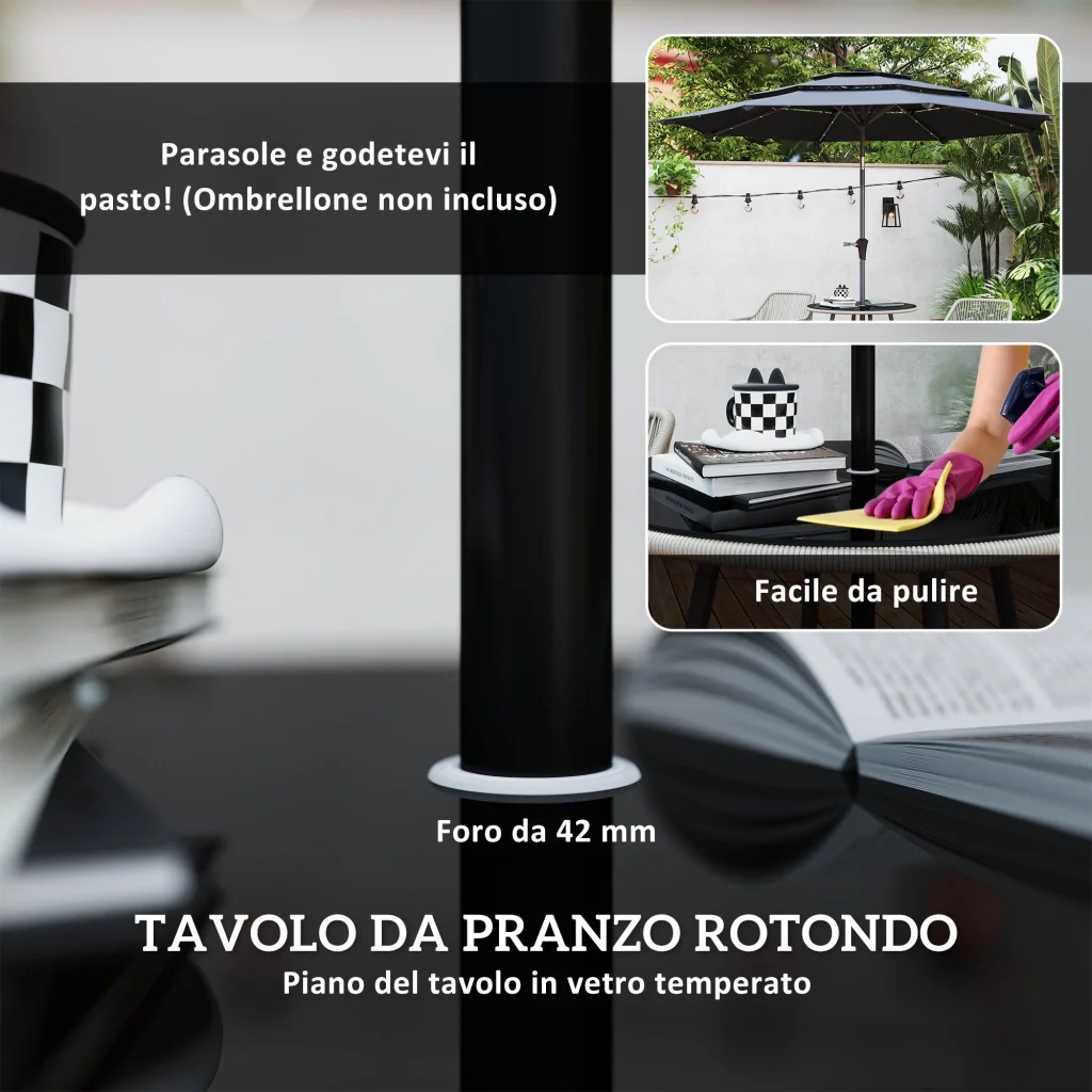 Set da Giardino 5 Pezzi con 4 Sedie e Tavolo Rotondo con Foro in Rattan e Acciaio Marrone e Grigio - Image 6