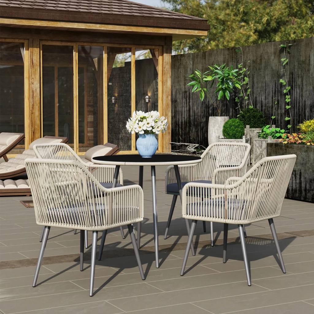 Set da Giardino 5 Pezzi con 4 Sedie e Tavolo Rotondo con Foro in Rattan e Acciaio Marrone e Grigio - Image 9