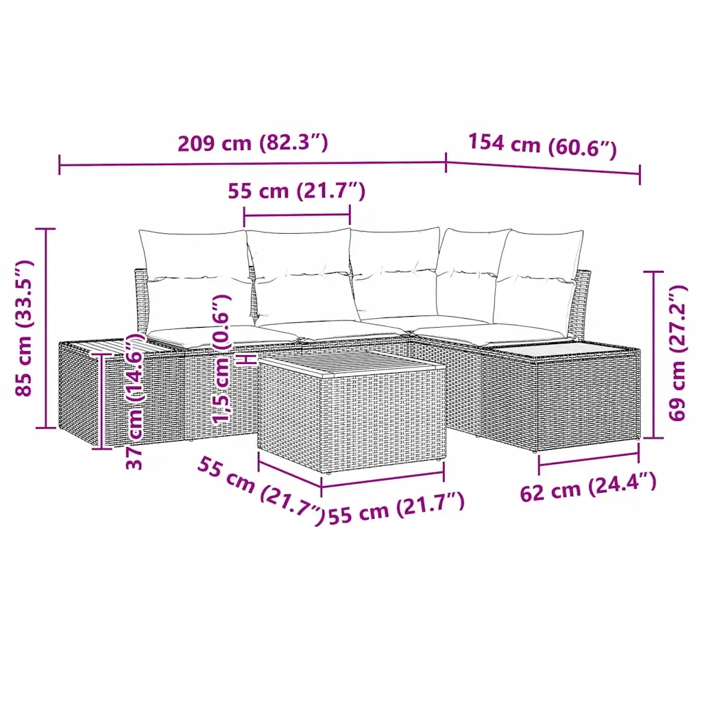 Set Divano da Giardino con cuscino 5 pcs Grigio Poly Rattan 3348080 - Image 9