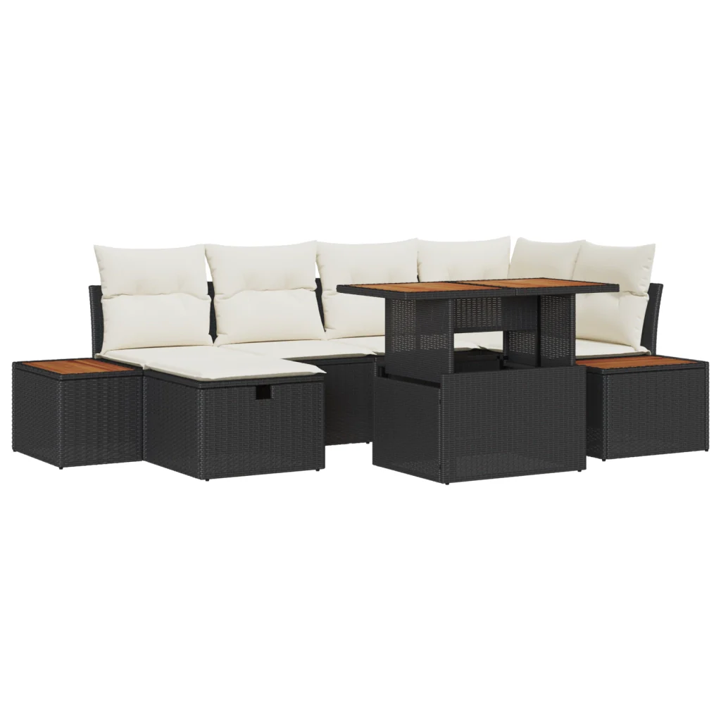 Set da Giardino  a 7 Pezzi con Cuscini Nero Polyrattan Acacia - Image 2