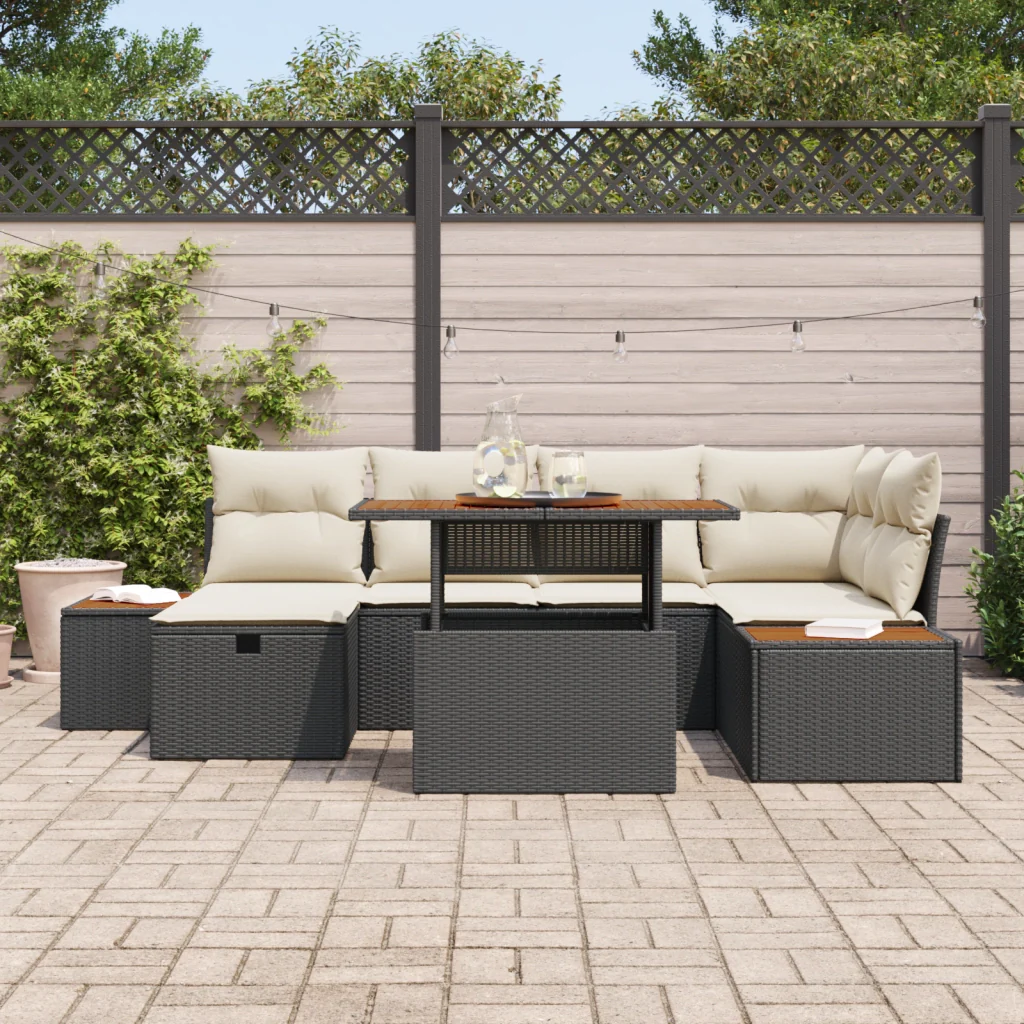 Set da Giardino  a 7 Pezzi con Cuscini Nero Polyrattan Acacia - Image 3
