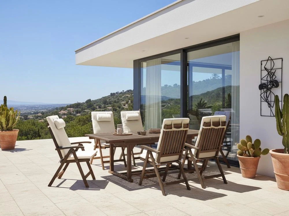 Set da giardino con 6 sedie in legno di acacia marrone scuro con cuscini beige chiaro in stile rustico con cuscini - Image 4