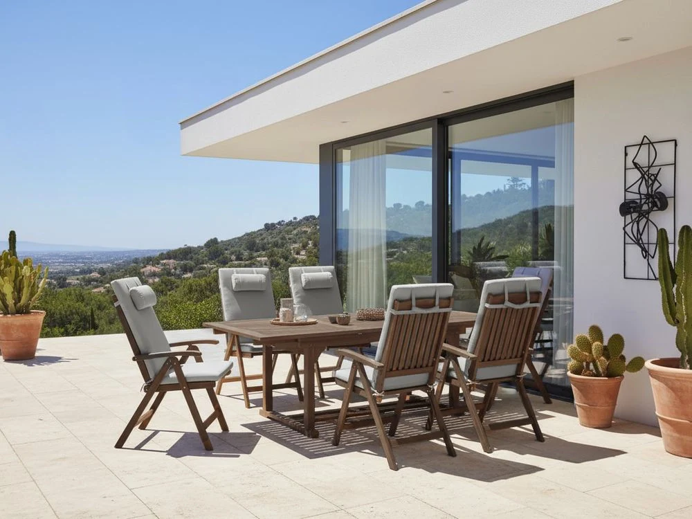 Set da giardino con 6 sedie in legno di acacia marrone scuro con cuscini Grigio melange in stile rustico con cuscini - Image 4