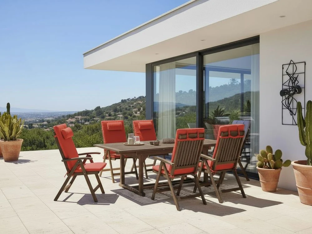 Set da giardino con 6 sedie in legno di acacia marrone scuro con cuscini rosso in stile rustico con cuscini - Image 4