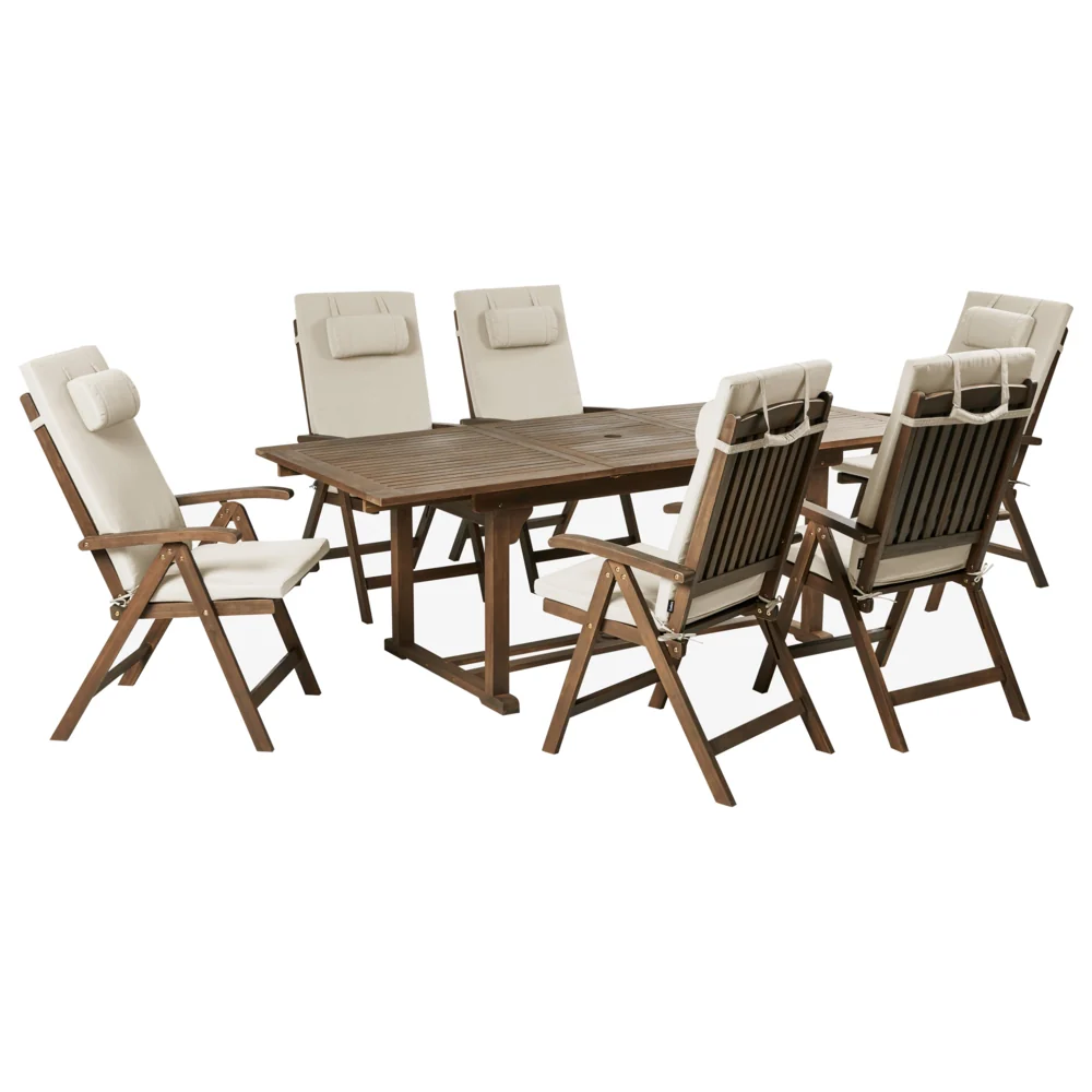 Set da giardino con 6 sedie in legno di acacia marrone scuro con cuscini tortora in stile rustico con cuscini