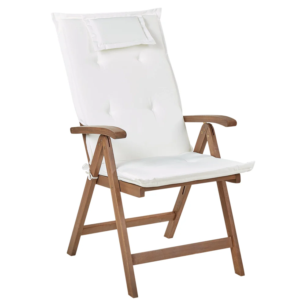Set da giardino con 6 sedie in legno di acacia marrone scuro con schienale regolabile pieghevole in stile rustico con cuscini bianco sporco - Image 7