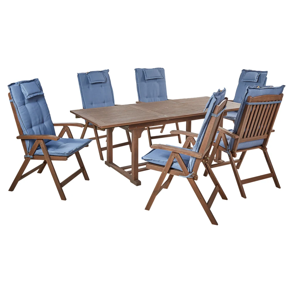 Set da giardino con 6 sedie in legno di acacia marrone scuro con schienale regolabile pieghevole in stile rustico con cuscini blu
