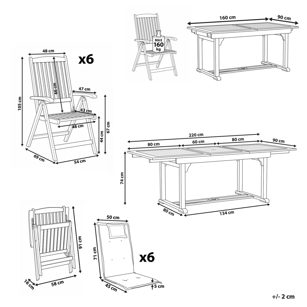 Set da giardino con 6 sedie in legno di acacia marrone scuro con schienale regolabile pieghevole in stile rustico con cuscini grigio talpa - Image 3