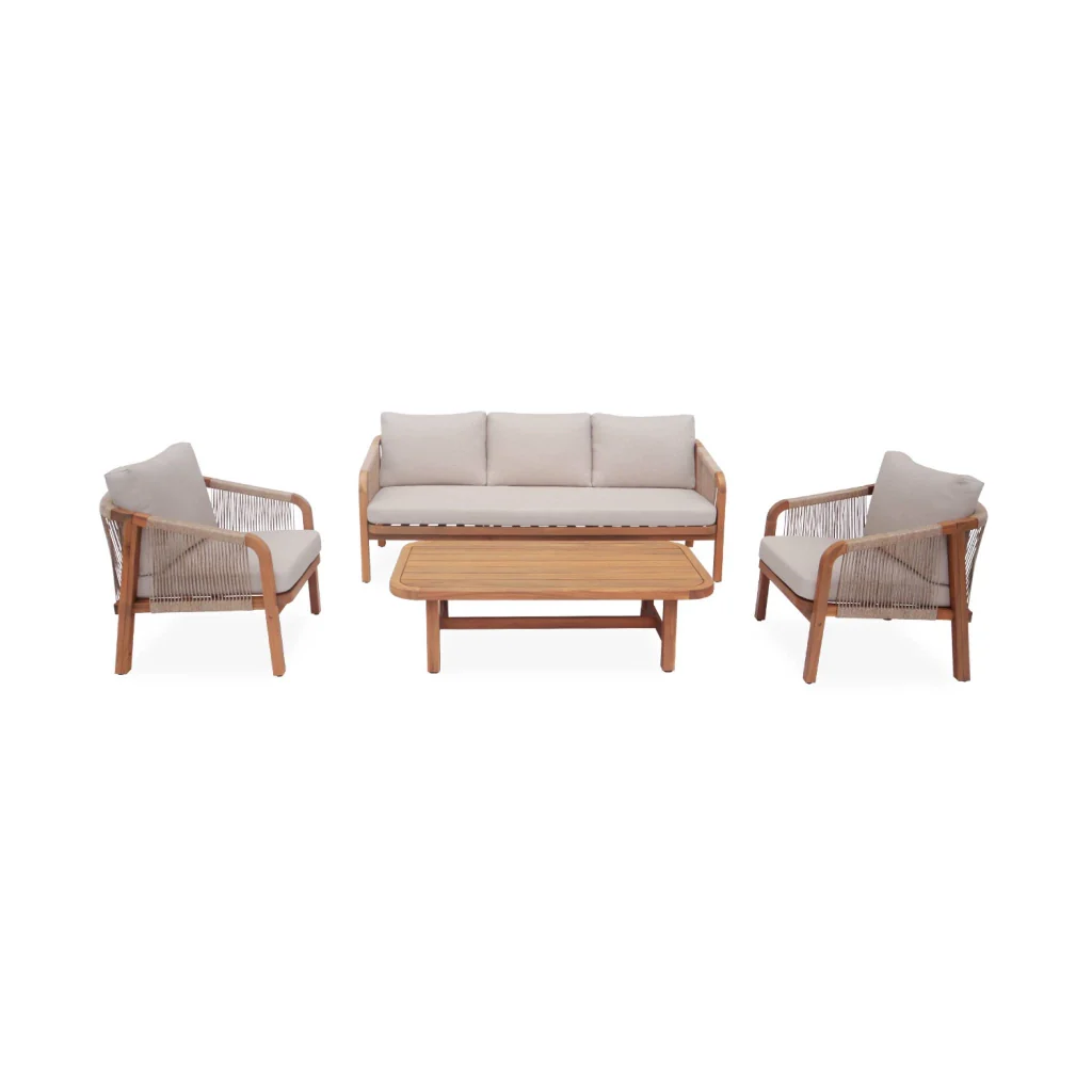 Salotto da giardino in legno e corda, 5 posti, beige - Image 6