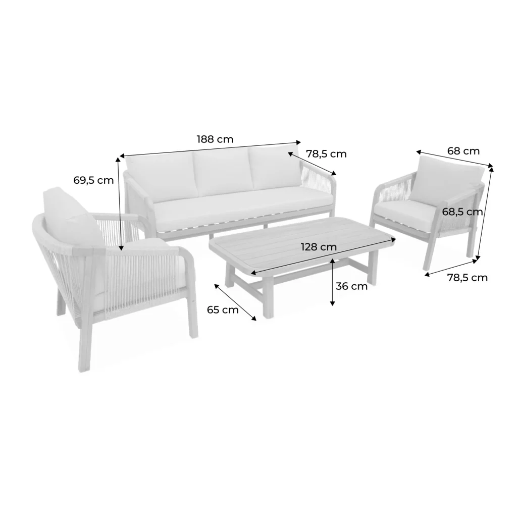 Salotto da giardino in legno e corda, 5 posti, beige - Image 8