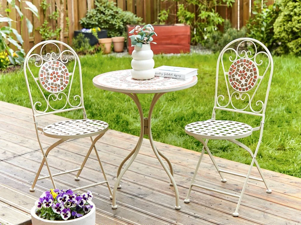 Set da giardino in metallo con tavolo e sedie a mosaico Bianco esterno stile vintage - Image 4