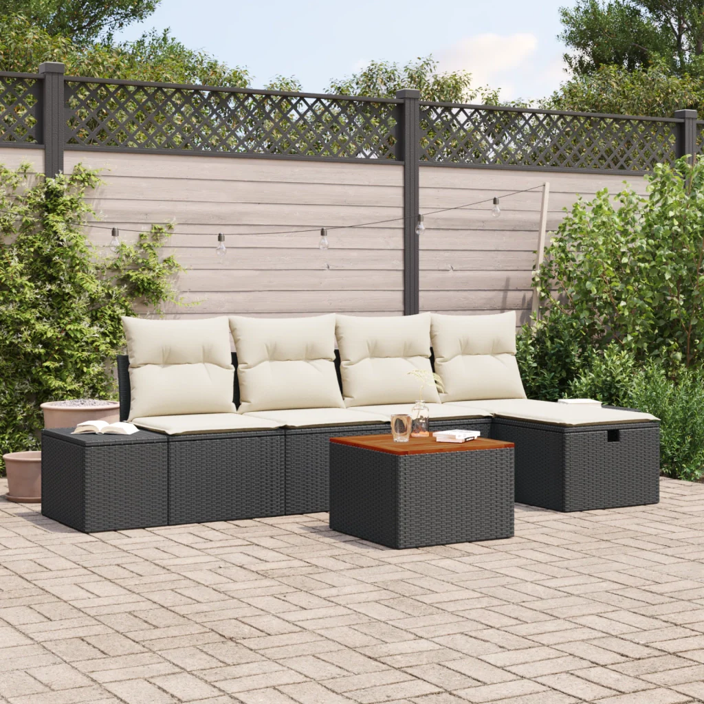 Set da Giardino in Rattan Sintetico Nero con Cuscini - 6 Pezzi