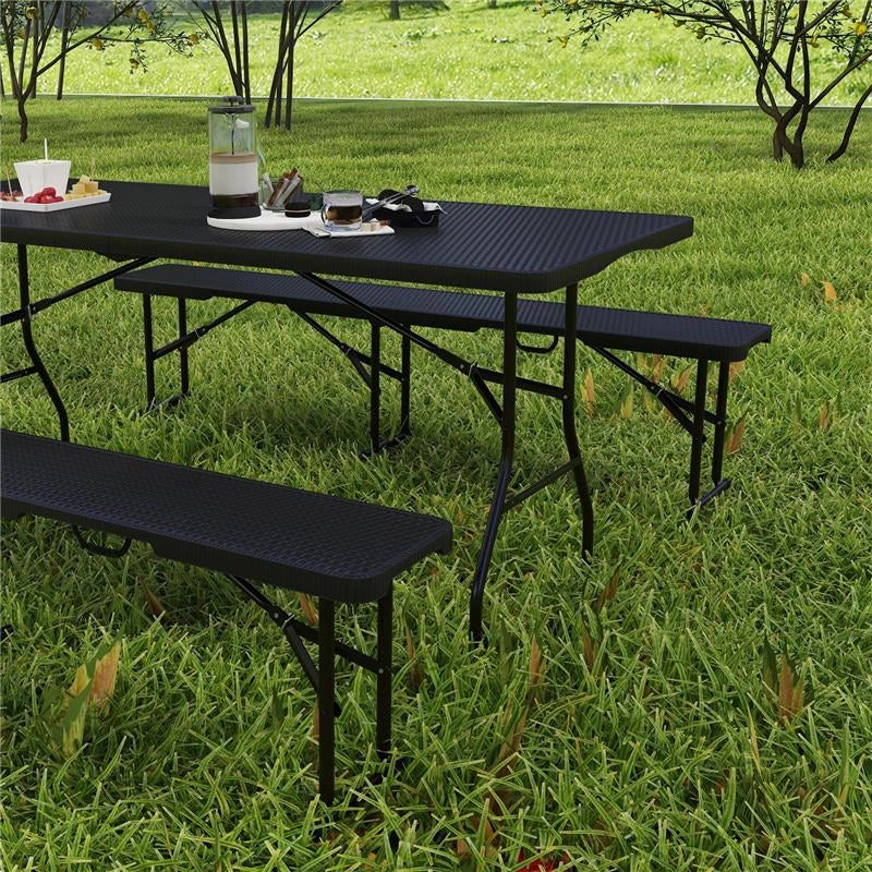 SET DA PIC NIC PIEGHEVOLE A 3 PEZZI CON TAVOLO E 2 PANCHE IN HDPE E METALLO, NERO - Image 4