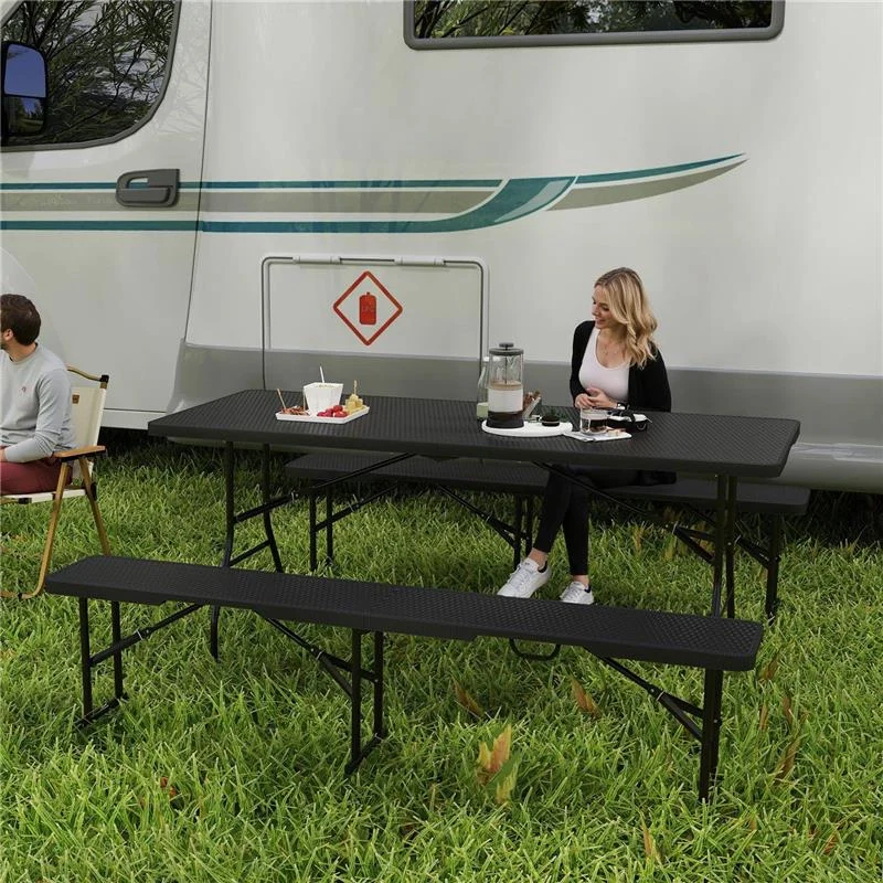 SET DA PIC NIC PIEGHEVOLE A 3 PEZZI CON TAVOLO E 2 PANCHE IN HDPE E METALLO, NERO - Image 5