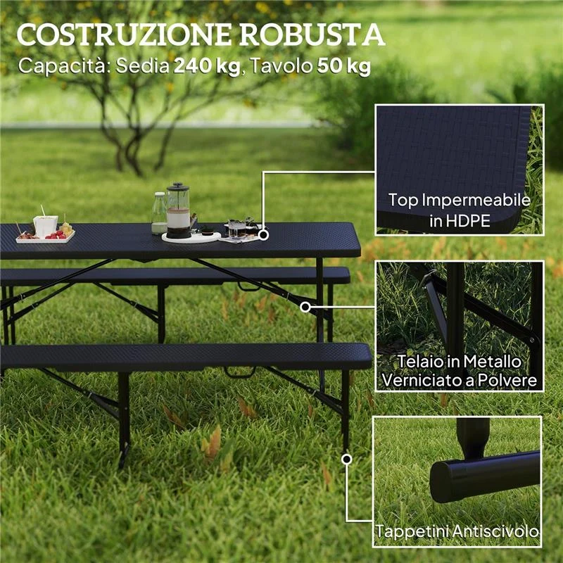 SET DA PIC NIC PIEGHEVOLE A 3 PEZZI CON TAVOLO E 2 PANCHE IN HDPE E METALLO, NERO - Image 8