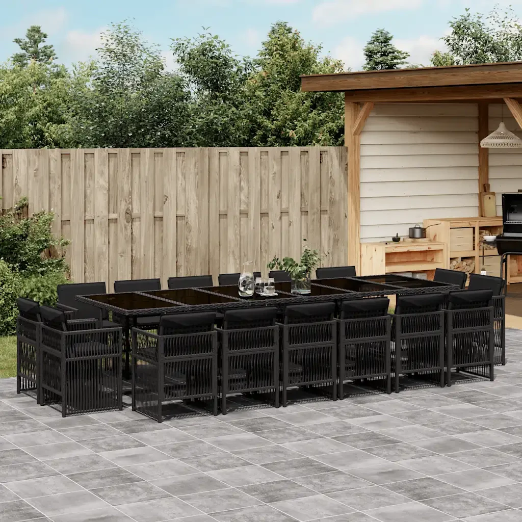 Set da Pranzo da Giardino 17 pz con Cuscini Nero in Polyrattan 3211063