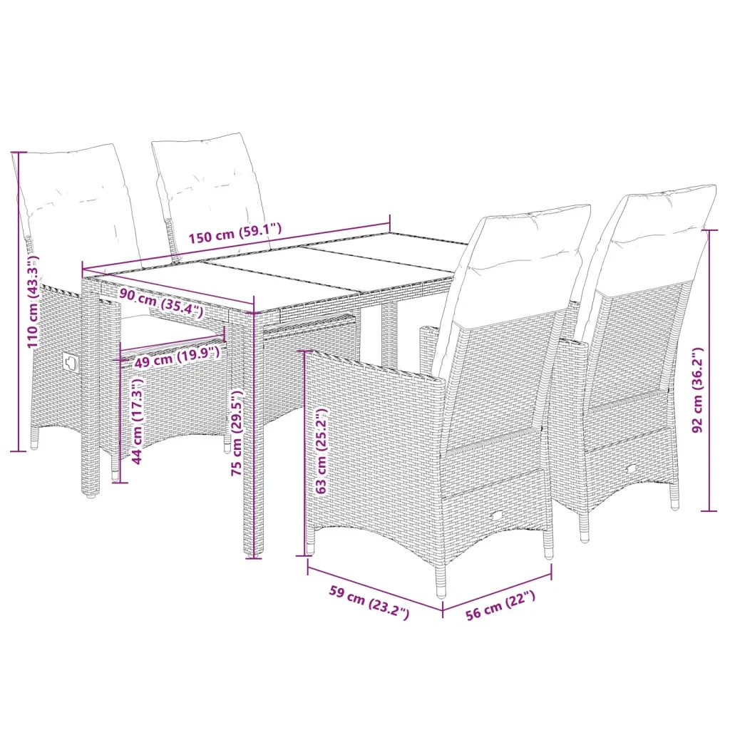 Set da Pranzo da Giardino 5 pz con Cuscini in Polyrattan Grigio - Image 6