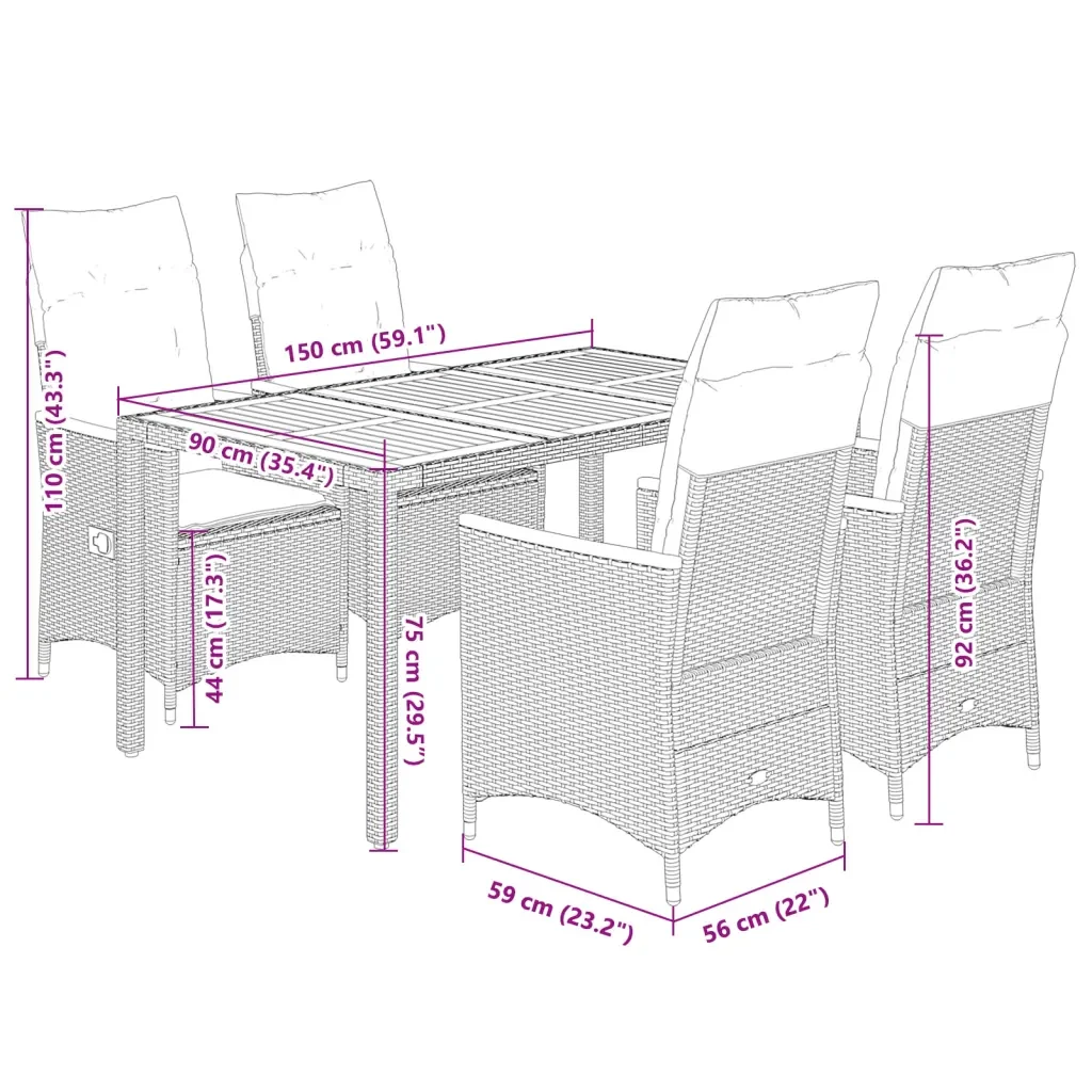 Set da Pranzo da Giardino 5 pz con Cuscini in Polyrattan Grigio - Image 6