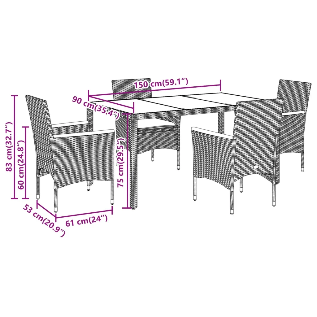 Set da Pranzo da Giardino 5 pz con Cuscini Polyrattan e Vetro - Image 4