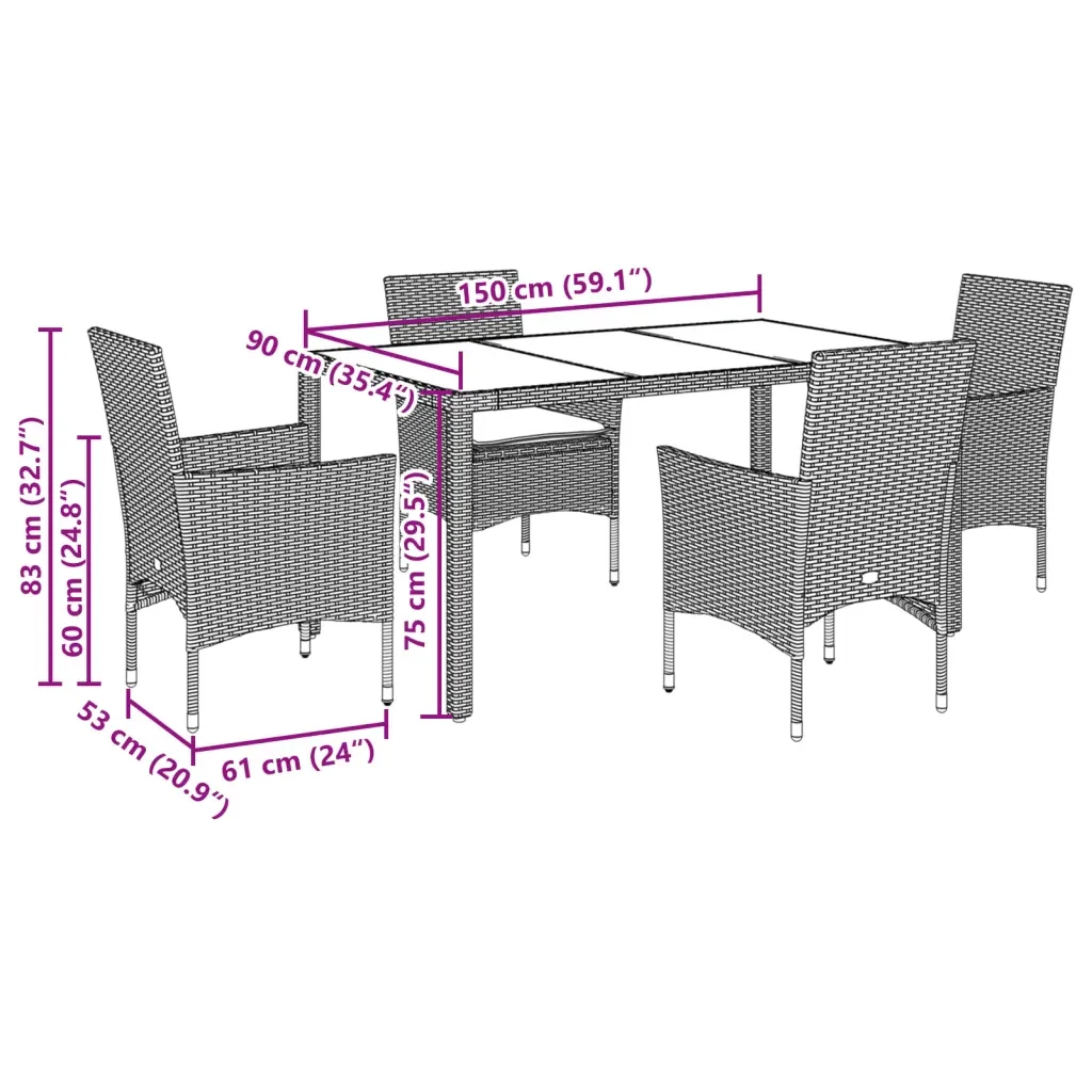 Set da Pranzo da Giardino 5 pz con Cuscini Polyrattan e Vetro - Image 6