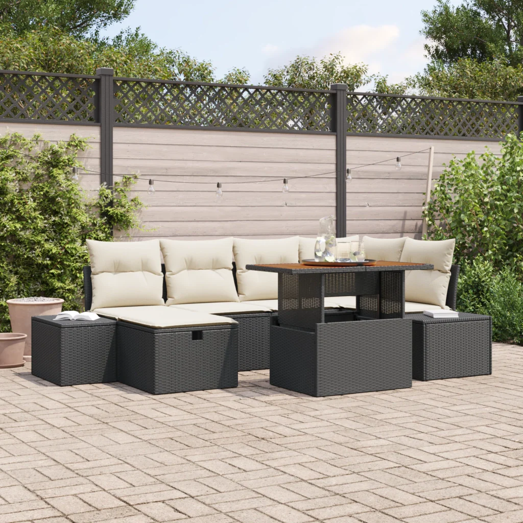 Set da Pranzo da Giardino 7 Pezzi con Cuscini Nero Polyrattan Acacia