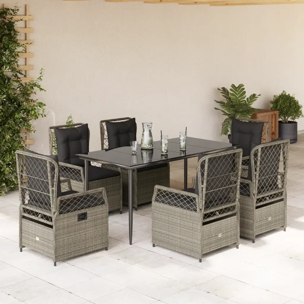 Set da Pranzo da Giardino 7 pz Cuscini Polyrattan Grigio Chiaro 3263031