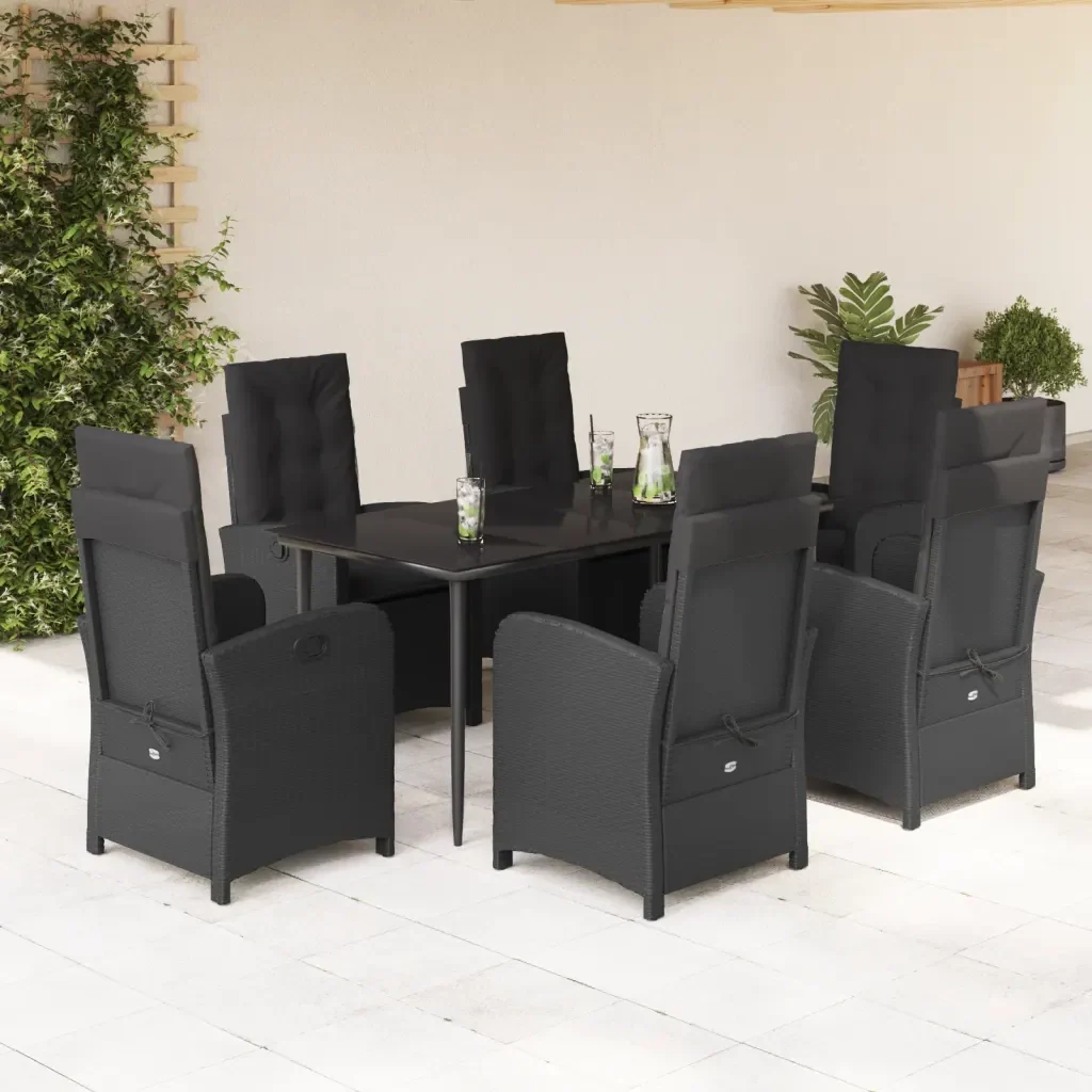 Set da Pranzo da Giardino 7 pz Nero con Cuscini in Polyrattan 3212316