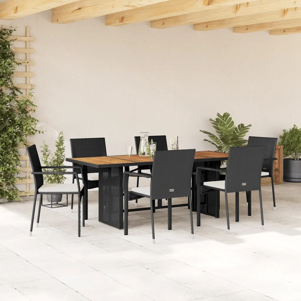 Set da Pranzo da Giardino 7 pz Nero con Cuscini in Polyrattan 3213502