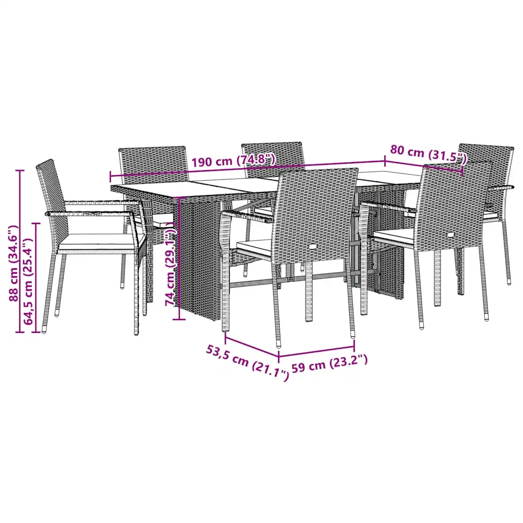 Set da Pranzo da Giardino 7 pz Nero con Cuscini in Polyrattan 3213502 - Image 7