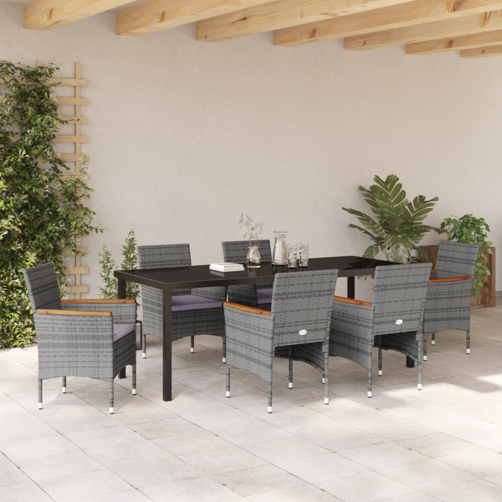 Set da pranzo da giardino da 7 pezzi Grigio Rattan poliestere - Image 4