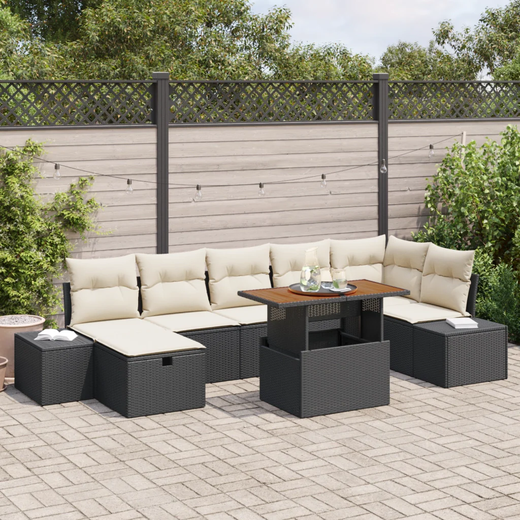 Set da Pranzo da Giardino da 8 Pezzi con Cuscini Rattan Nero
