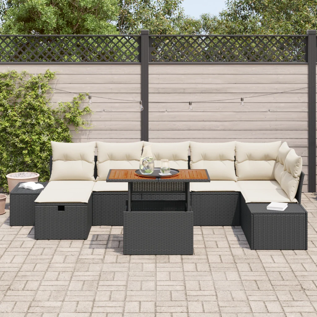Set da Pranzo da Giardino da 8 Pezzi con Cuscini Rattan Nero - Image 3