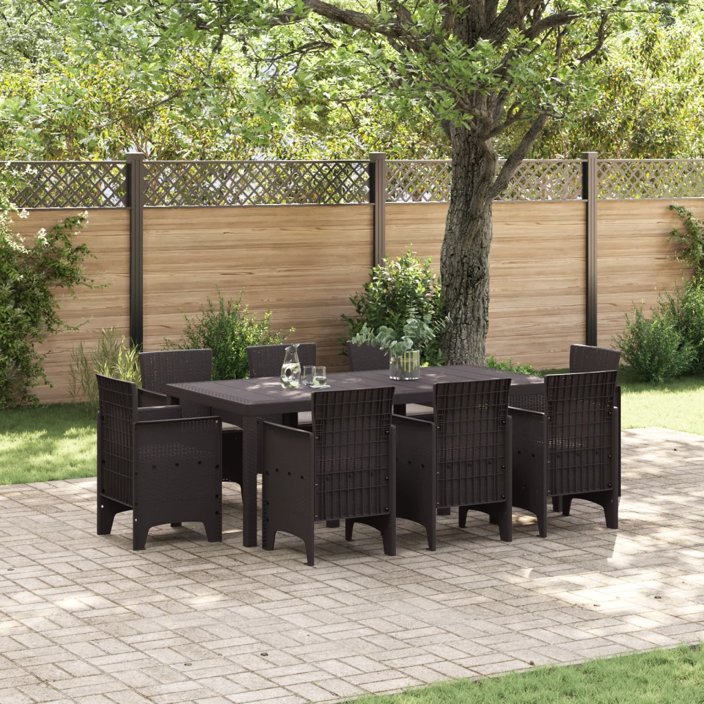 Set da pranzo da giardino da 9 pezzi con cuscini in rattan marrone