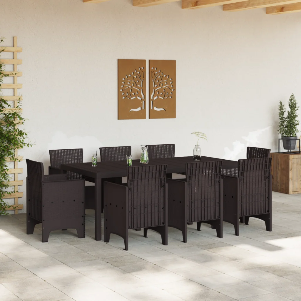 Set da pranzo da giardino da 9 pezzi con cuscini in rattan marrone - Image 3