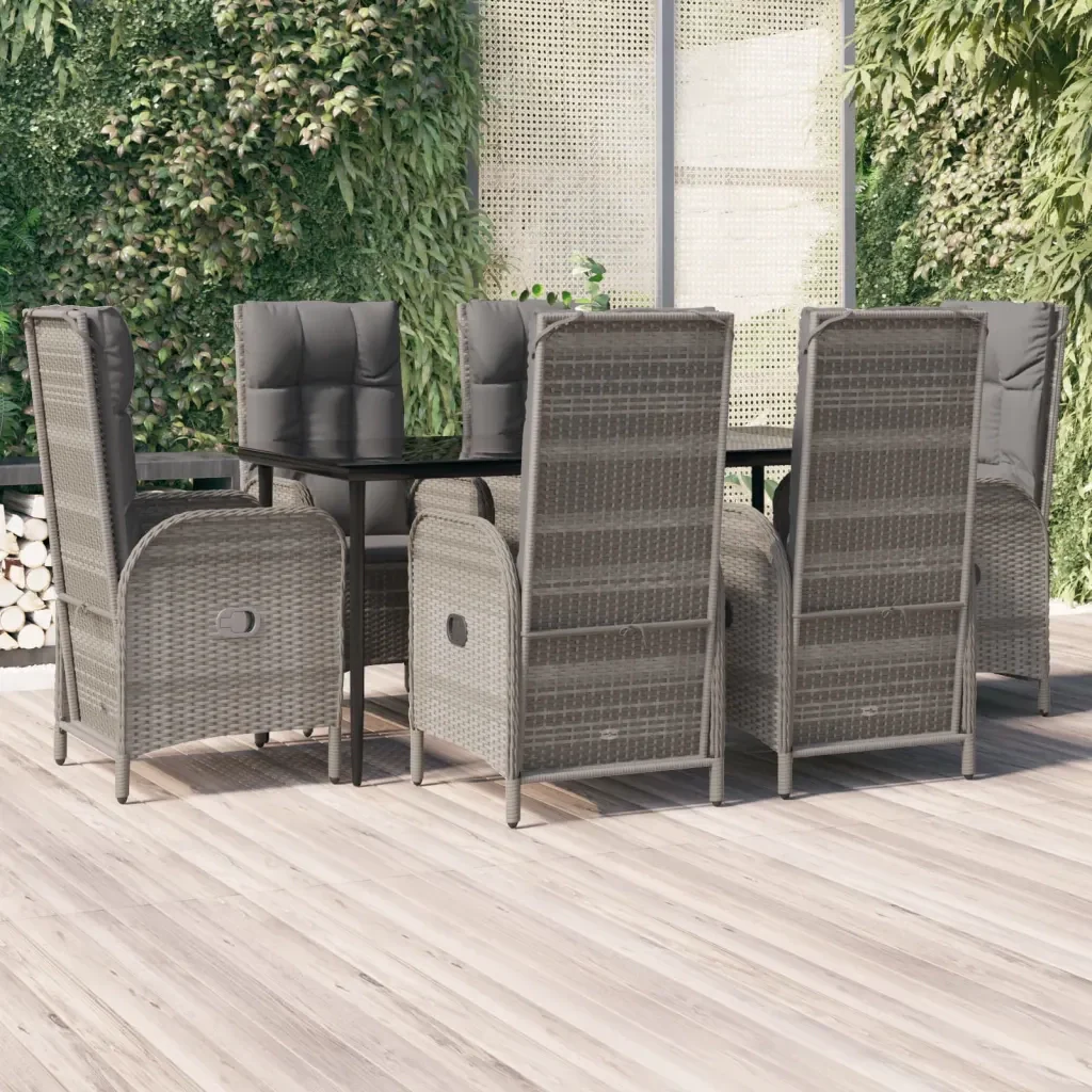Set da Pranzo Giardino 7pz Nero e Grigio con Cuscini Polyrattan 3185182