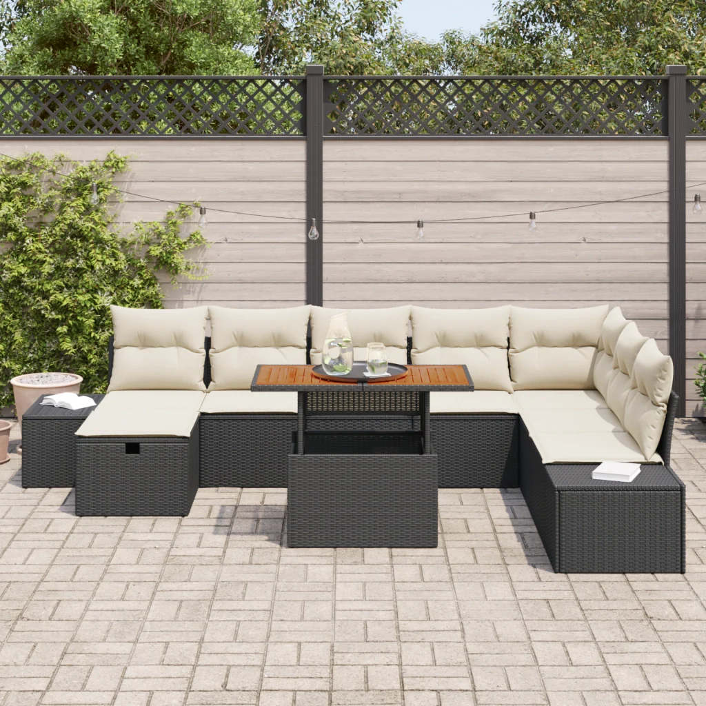 Set da Pranzo Giardino 9 Pezzi con Cuscini in Rattan Nero Acacia - Image 3