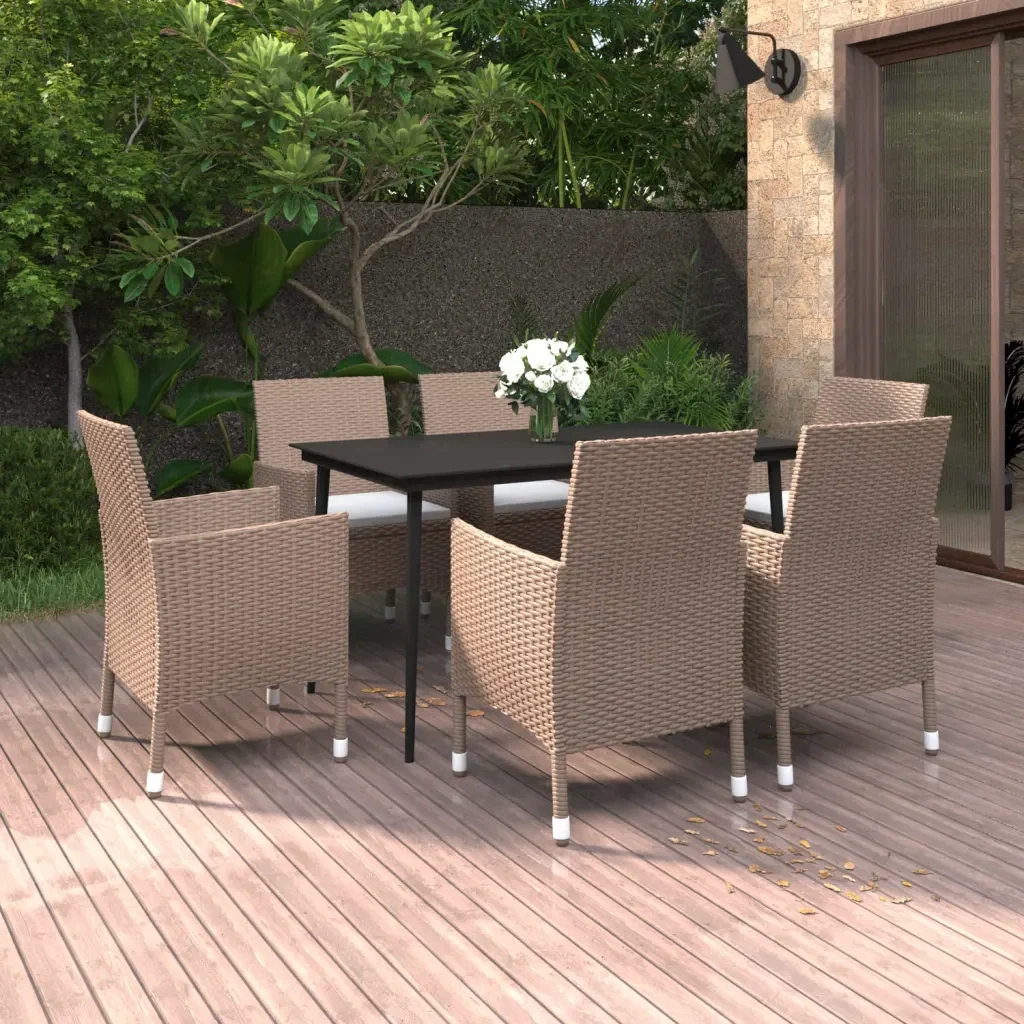 Set da Pranzo per Giardino 7 pz con Cuscini Polyrattan e Vetro 3099754