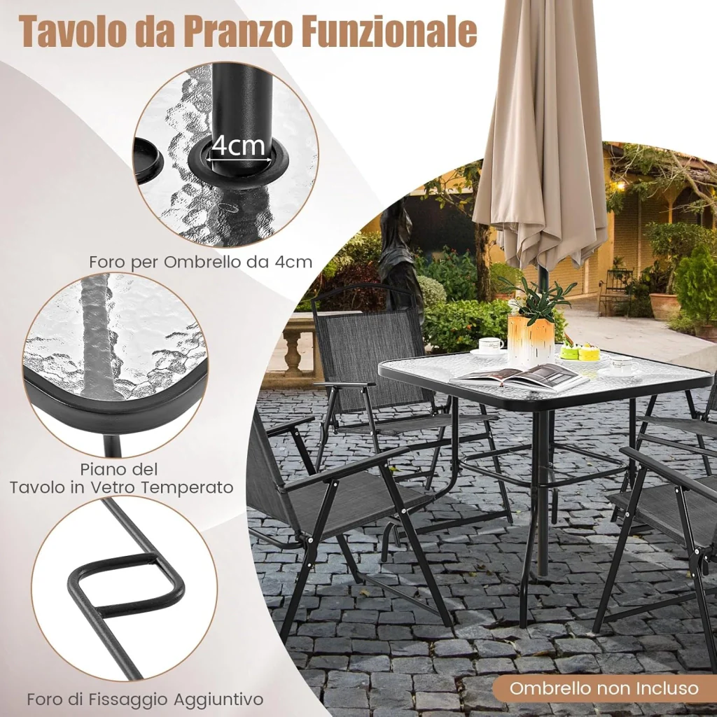 Set da Pranzo per Giardino con 4 Posti, Set di Sedie Pieghevoli e Tavolo da Pranzo con Foro Ombrellone, Piano Tavolo in Vetro Temperato, per Terrazzo, Giardino e Balcone - Image 3