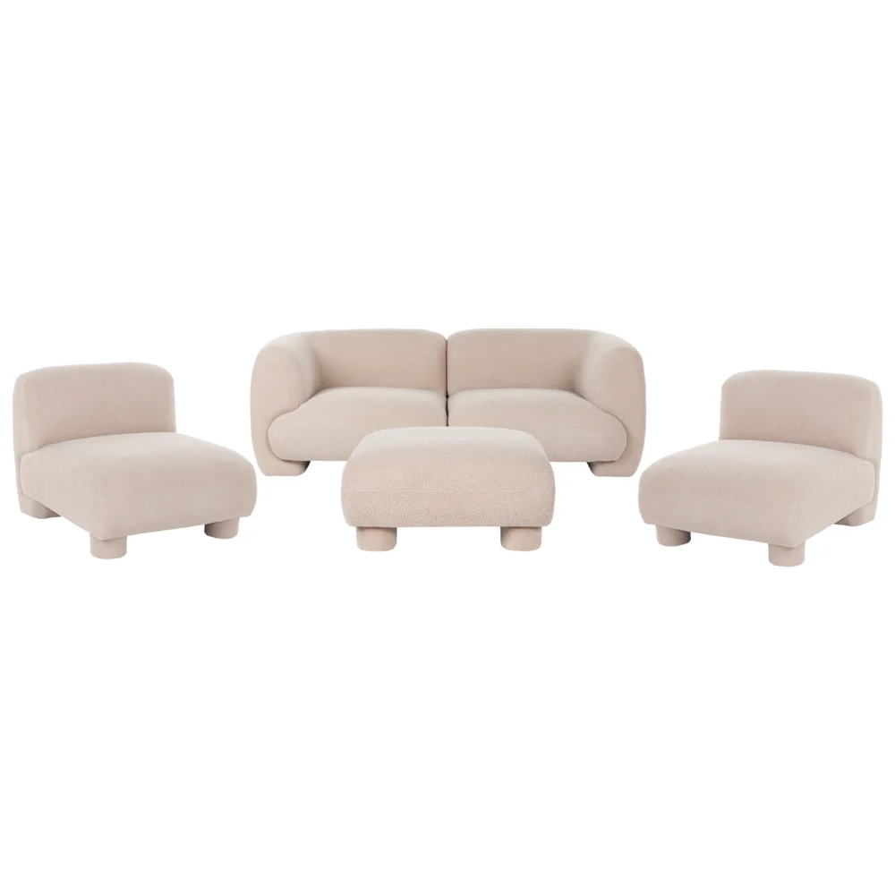 Set da salotto 4 posti con pouf, modulare dal profilo ribassato in stile organico e curvo beige - Image 2