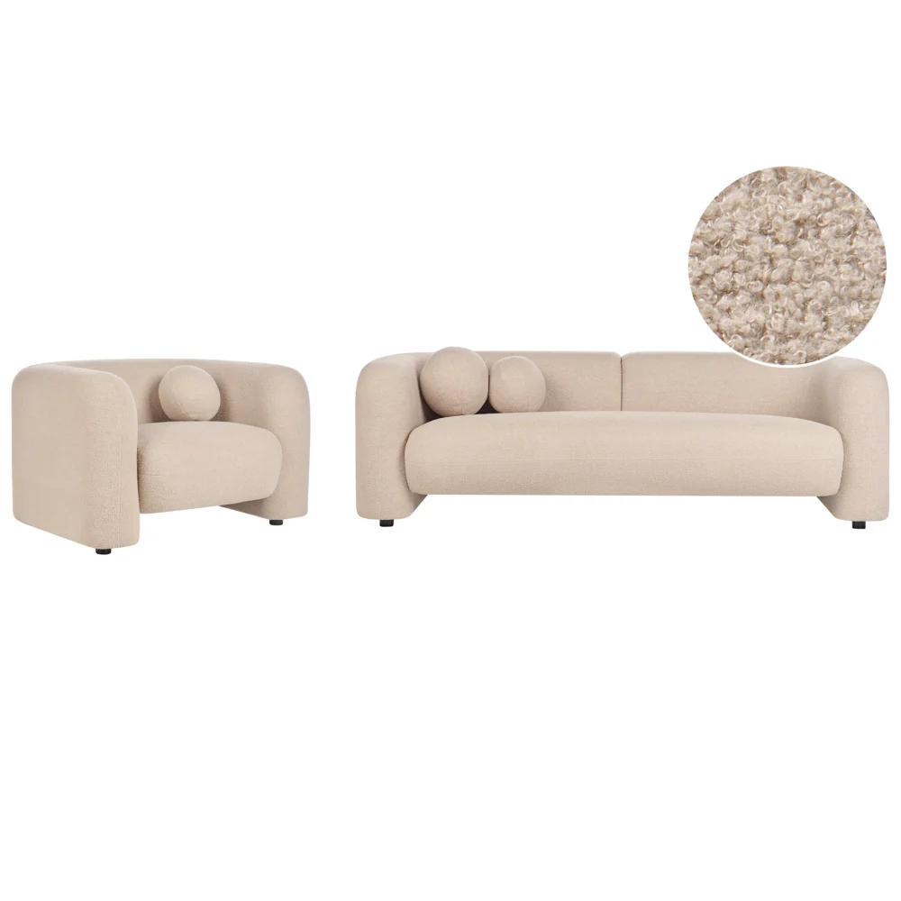 Set da salotto composto da divano e poltrona in bouclè beige 4 posti con cuscini aggiuntivi stile glamour retrò soggiorno