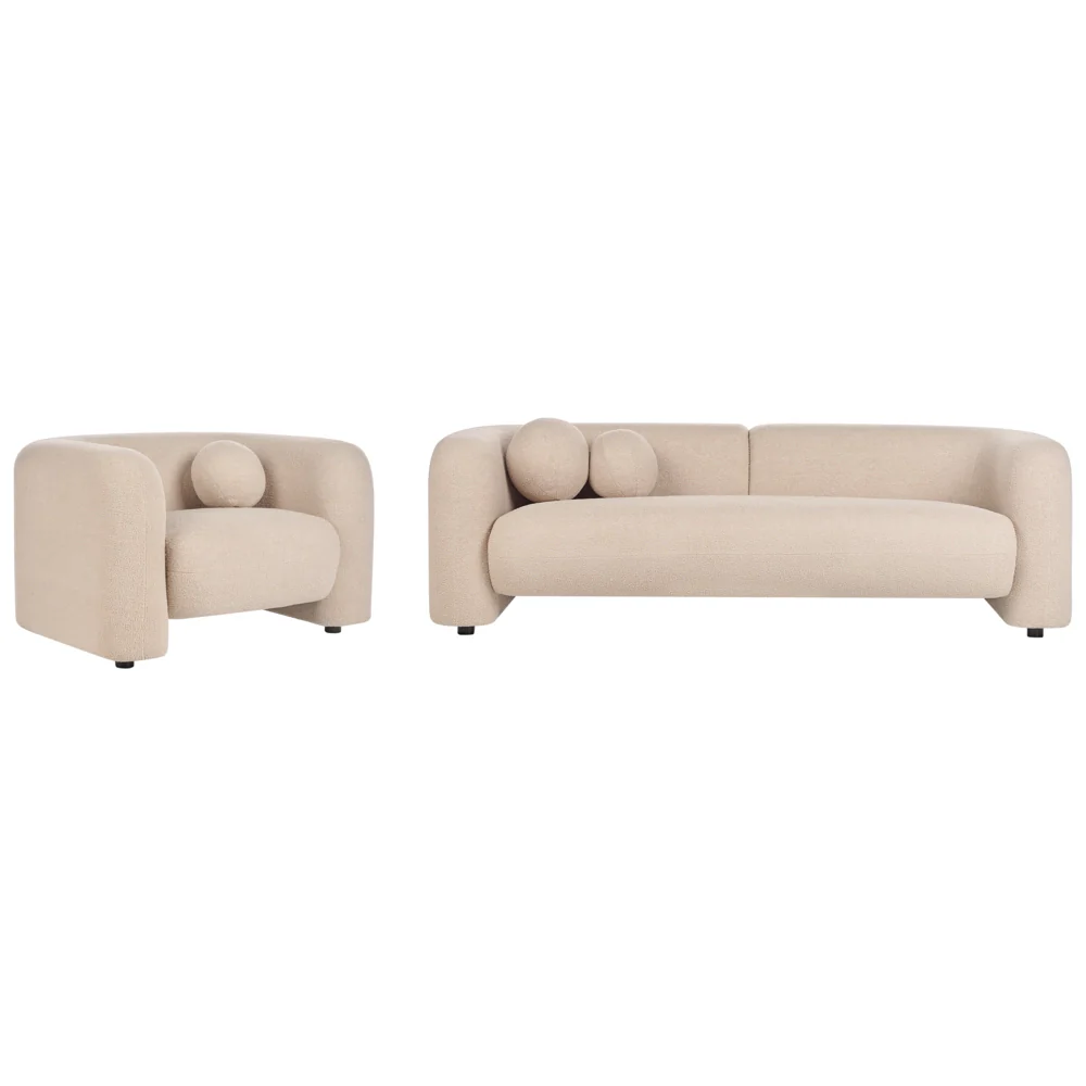 Set da salotto composto da divano e poltrona in bouclè beige 4 posti con cuscini aggiuntivi stile glamour retrò soggiorno - Image 2