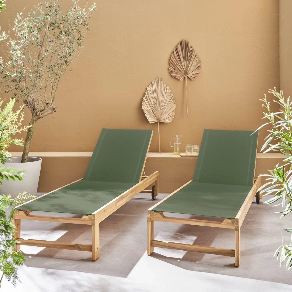 Set 2 lettini prendisole in legno multiposizione con ruote, verde kaki - Image 3