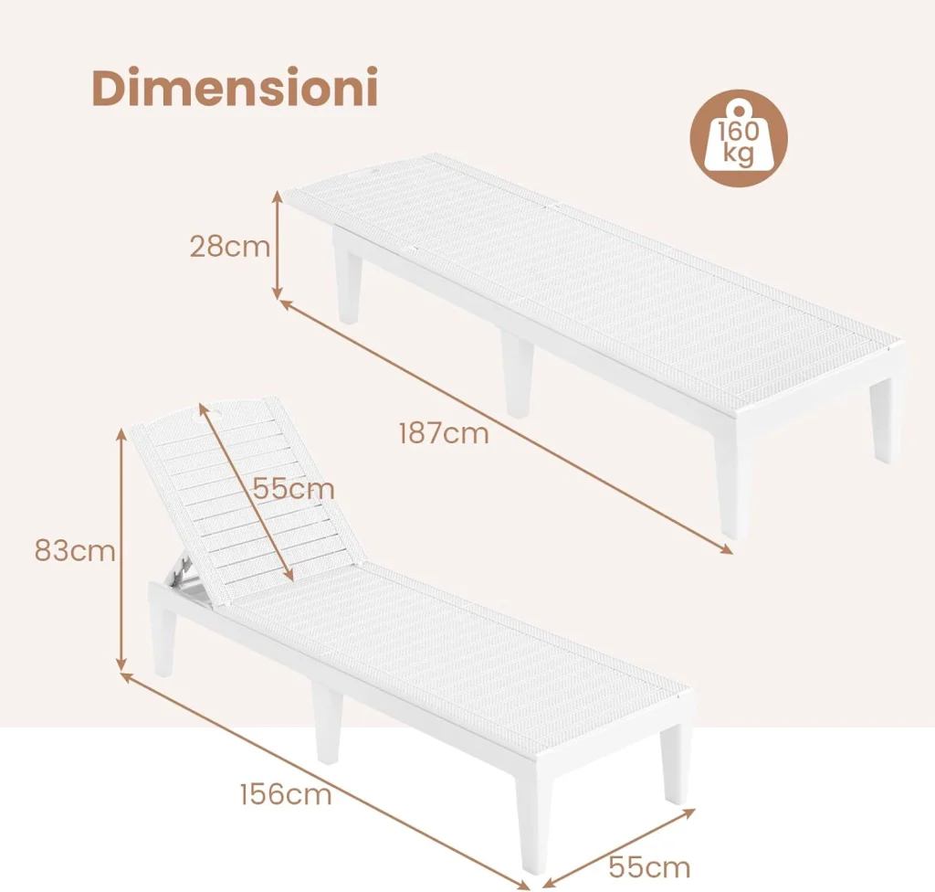 Set di 2 Sedie a Sdraio, Lettino Prendisole da Esterno in PP con Schienali Regolabili in 4 Posizioni, Sedia Reclinabile per Patio, Piscina, Terrazza, Portata 160 kg (Bianco) - Image 3