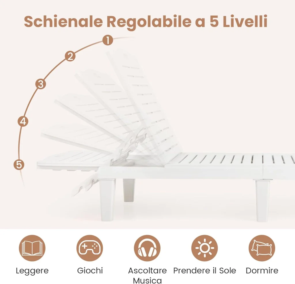 Set di 2 Sedie a Sdraio, Lettino Prendisole da Esterno in PP con Schienali Regolabili in 4 Posizioni, Sedia Reclinabile per Patio, Piscina, Terrazza, Portata 160 kg (Bianco) - Image 4