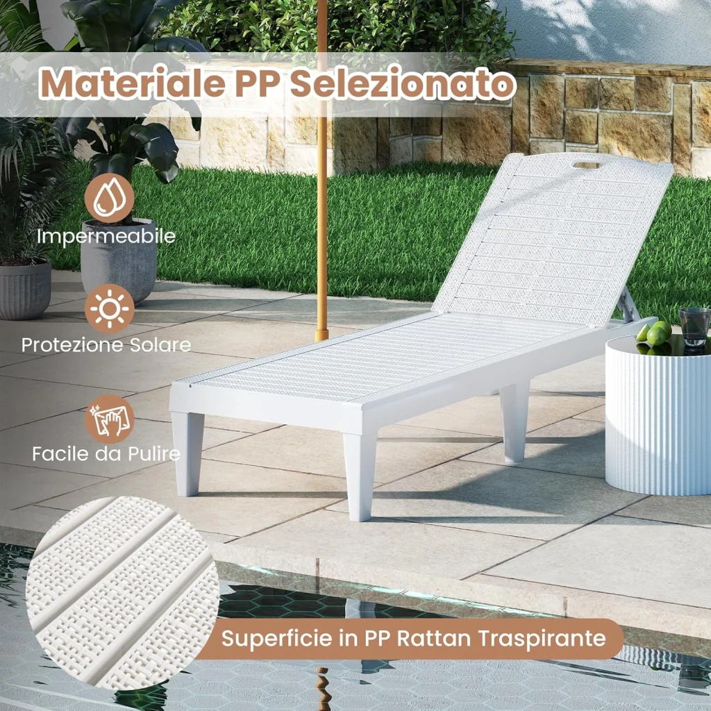 Set di 2 Sedie a Sdraio, Lettino Prendisole da Esterno in PP con Schienali Regolabili in 4 Posizioni, Sedia Reclinabile per Patio, Piscina, Terrazza, Portata 160 kg (Bianco) - Image 5