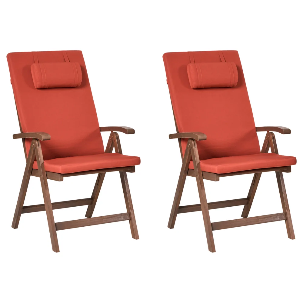 Set di 2 sedie da giardino rustiche in legno d'acacia naturale e cuscini rosso regolabili e pieghevoli per esterni con braccioli in stile rustico