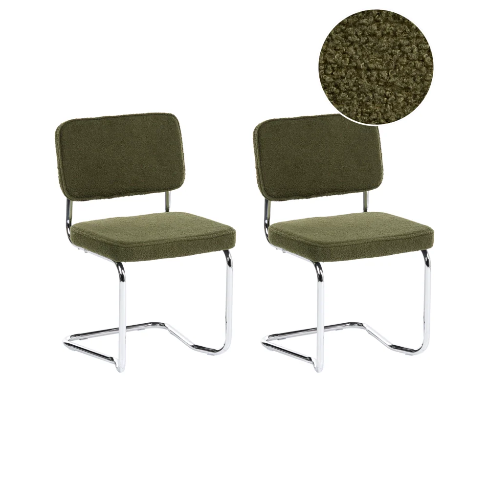 Set di 2 sedie da pranzo con rivestimento in bouclé verde e gambe in ferro stile retrò